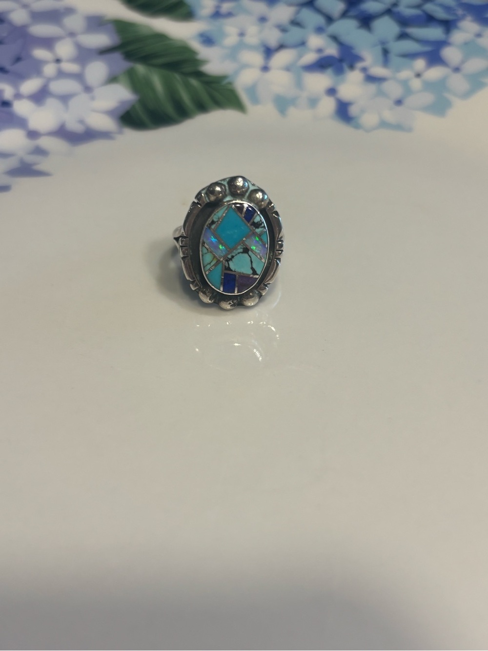 Begay Navajo Sterling Silver Turquoise Mosaic Oval Ring - Blue/GREEN